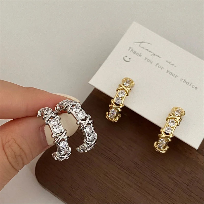 Sparkling X Cross Zircon Huggie Earrings