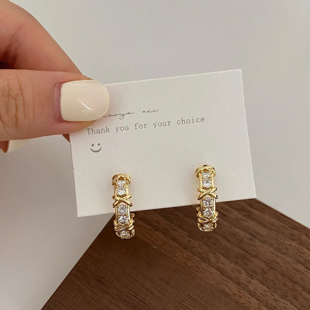 Sparkling X Cross Zircon Huggie Earrings