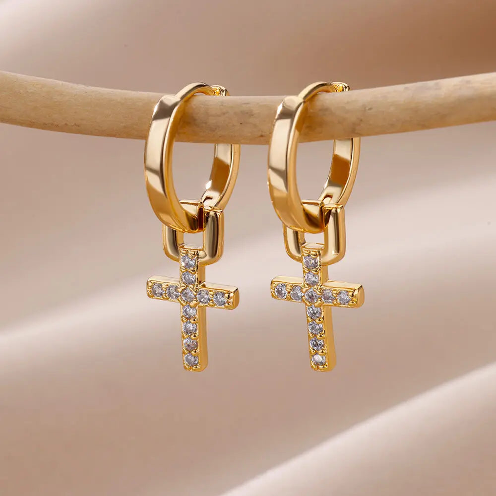 Crystal Cross Huggie Earrings