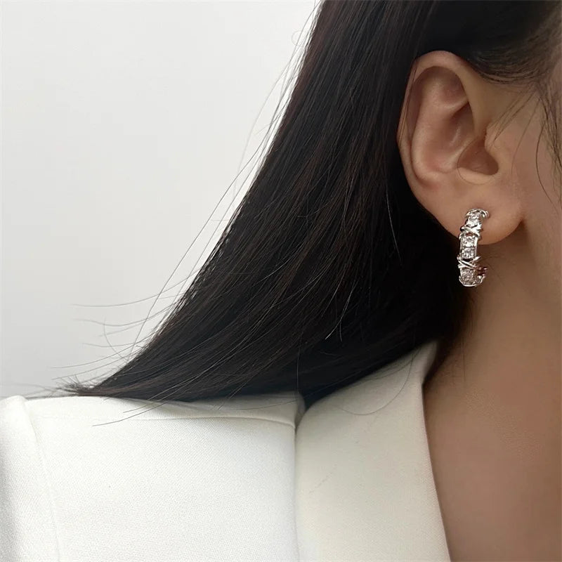 Sparkling X Cross Zircon Huggie Earrings