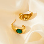 Chunky Hoop Earrings with Green Stone