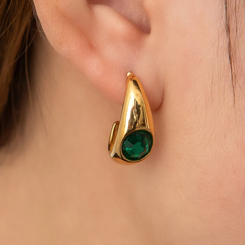 Chunky Hoop Earrings with Green Stone