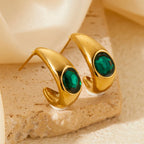 Chunky Hoop Earrings with Green Stone