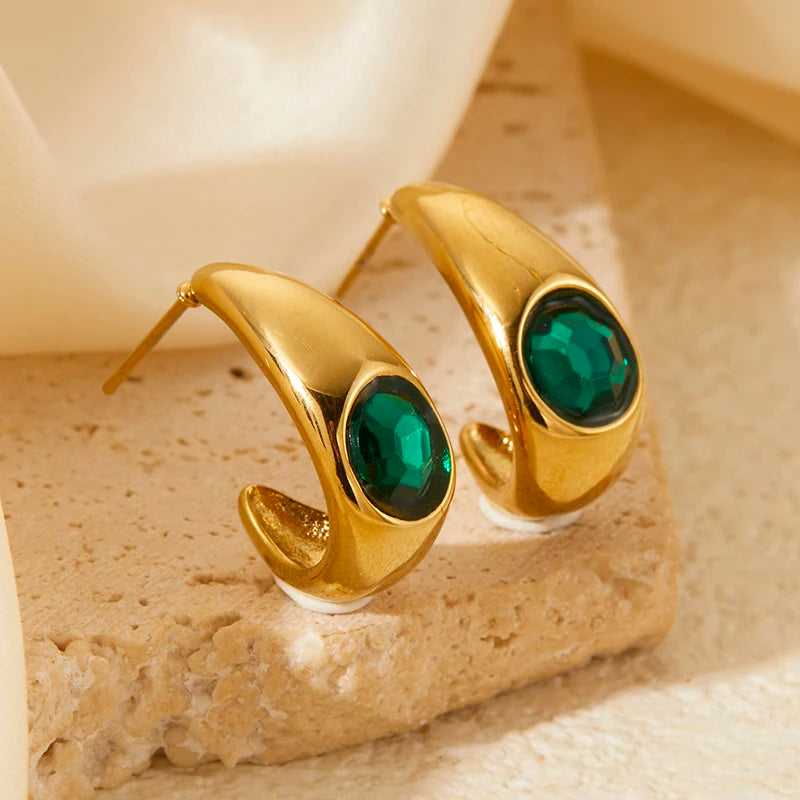 Chunky Hoop Earrings with Green Stone