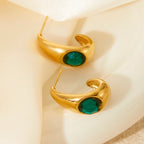 Chunky Hoop Earrings with Green Stone