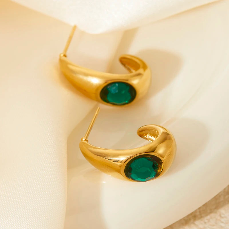 Chunky Hoop Earrings with Green Stone